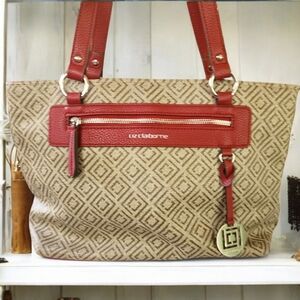 Liz Claiborne | Logo Red and Tan Patterned Tote Bag